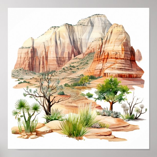 Zion National Park Watercolor Painting Poster (Front)