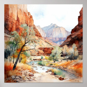 Zion National Park Watercolor Painting Poster