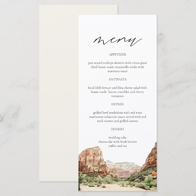 ZION National Park Watercolor Wedding Menu Cards (Front/Back)
