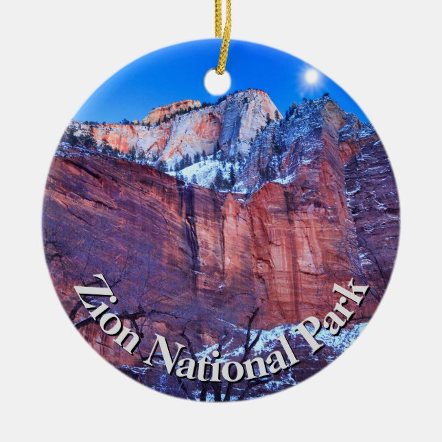 Zion National Park Winter Snow Ceramic Tree Decoration (Front)
