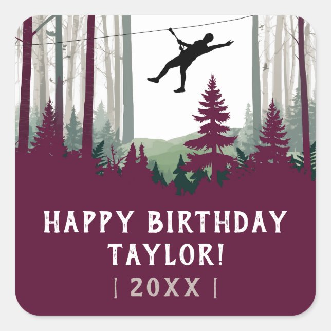 Zipline Nature Adventure Burgundy Forest Birthday Square Sticker (Front)