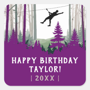 Zipline Nature Adventure Purple Forest Birthday Square Sticker