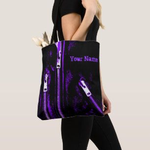 Zips Purple print Name all over tote bag
