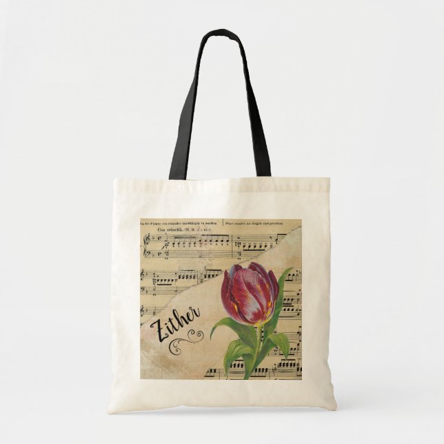 Zither Elegant Tulip Vintage Sheet Music Tote Bag (Front)