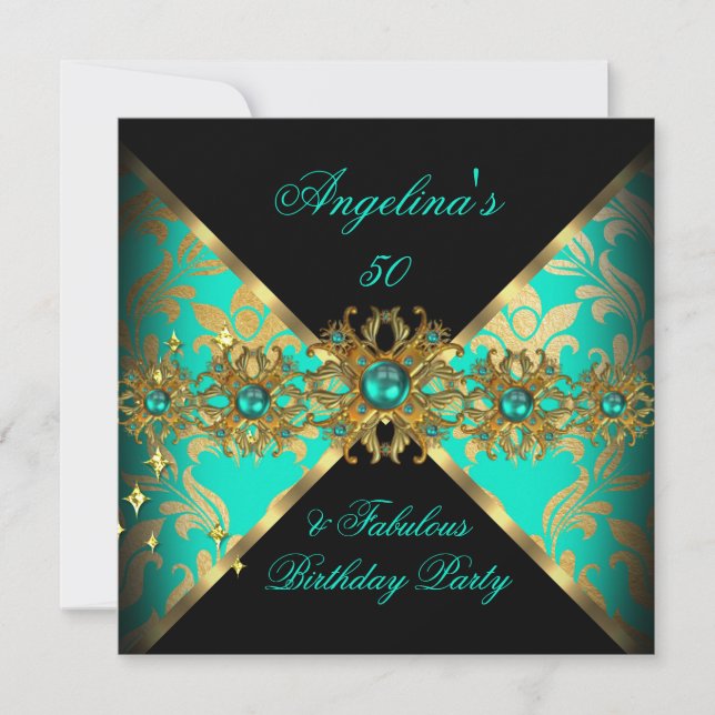 ZIZZAGO DESIGN Fabulous 50 Jade Gold Damask Party Invitation (Front)