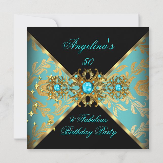 ZIZZAGO DESIGN Fabulous 50 Teal Gold Damask Party Invitation (Front)