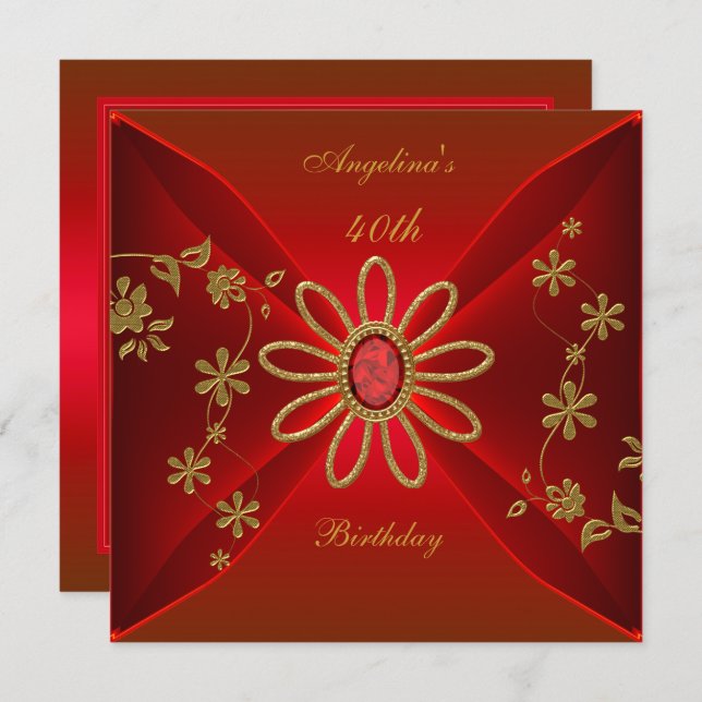 Zizzago Elegant 40th Birthday Rich Red Jewel Invitation (Front/Back)