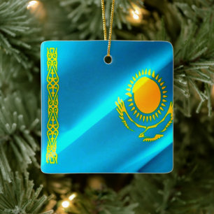 zKZ002 Kazakh waving FLAG Kazakhstan, Ceramic Ornament
