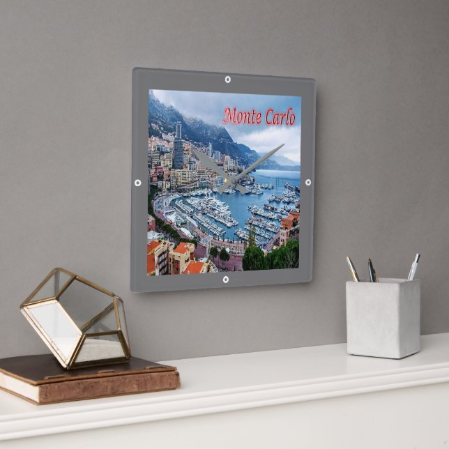 zMC018 MONTE CARLO Panorama, Monaco, Square Wall Clock (Office)