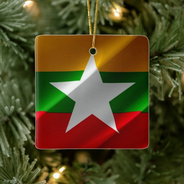 zMM002 waving Burmese FLAG Myanmar, Ceramic Ornament (Tree)