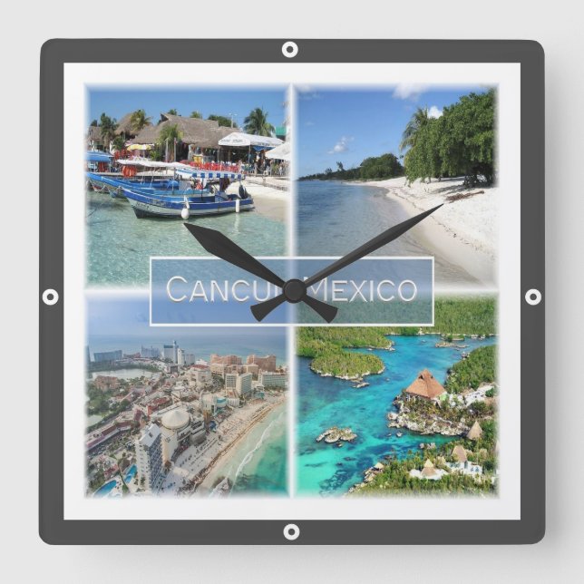 zMX003 CANCUN, Mosaic, Mexico, Square Wall Clock (Front)