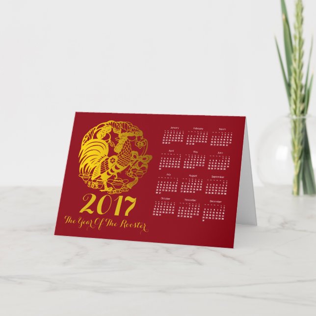 Zodiac 2017 Rooster Year Calendar Greeting Holiday Card (Front)