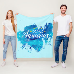 Zodiac Aquarius Blue Watercolor Gold Stars Fleece Blanket