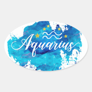 Zodiac Aquarius Blue Watercolor Gold Stars Oval Sticker