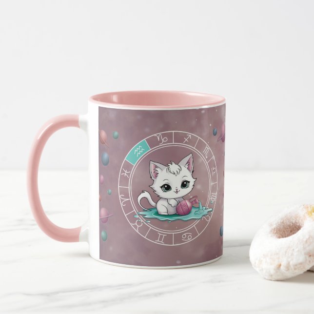Zodiac Aquarius Cute Cat Wheel Planet Astrology Mug (With Donut)