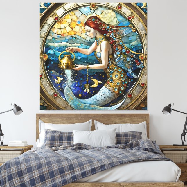 Zodiac - Aquarius The Water Bearer Mermaid Canvas Print (Insitu(Bedroom))