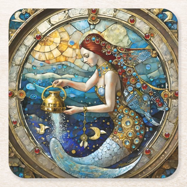 Zodiac - Aquarius The Water Bearer Mermaid Square Paper Coaster (Front)