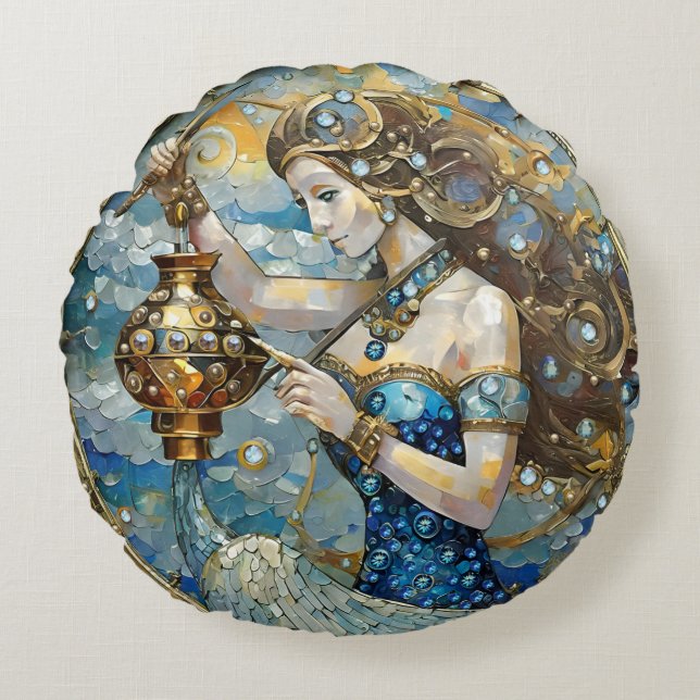 Zodiac - Aquarius The Water Bearer Round Cushion (Front)