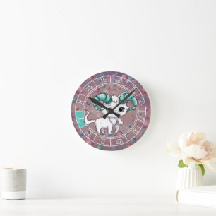 Zodiac Aries Cute Cat Wheel Planet Astrology Round Clock