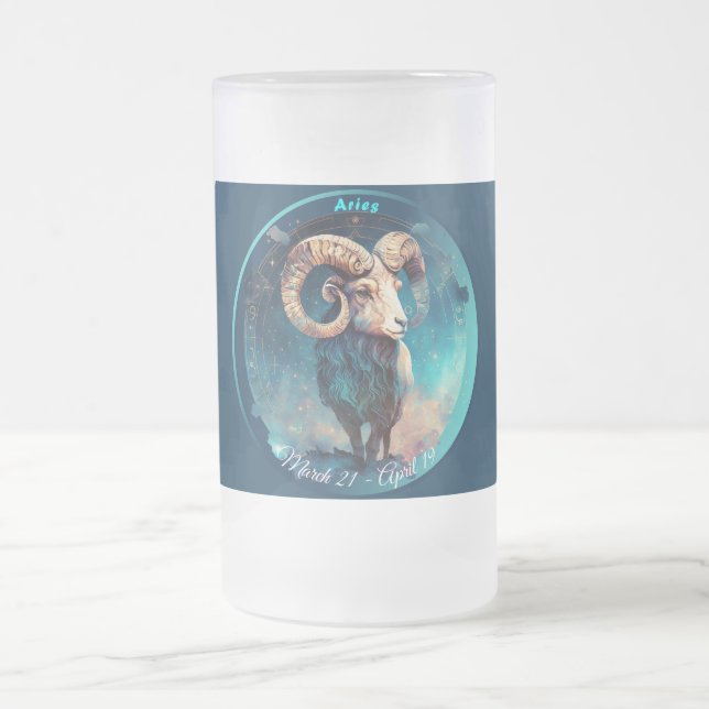 Zodiac Aries Ram "March 21 - April 19" Frosted Glass Beer Mug (Center)