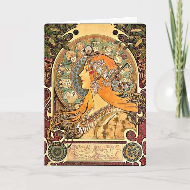 Zodiac, Art Nouveau painting by Alphonse Mucha Card (Front)