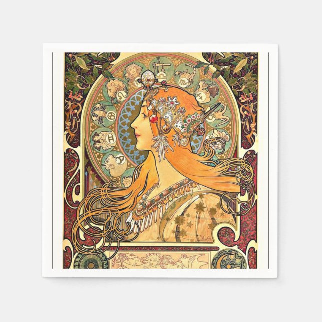Zodiac, Art Nouveau painting by Alphonse Mucha Napkin (Front)