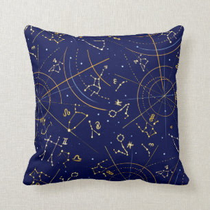 Zodiac Astrologers Star Map Décor Blue Gold Pillo Cushion