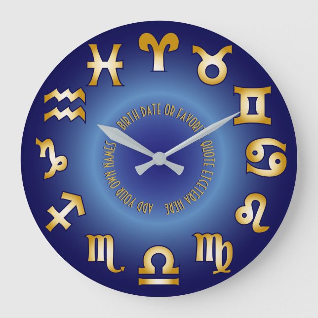 Zodiac Blue Gold Monogram Add Your Own Text Date Large Clock (Front)