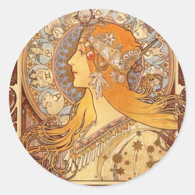 Zodiac by Mucha Classic Round Sticker (Front)