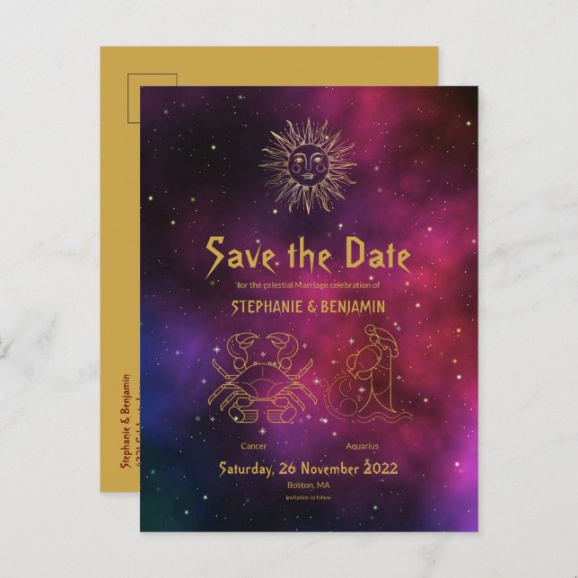 Zodiac Cancer and Aquarius Burgundy Save the Date Announcement Postcard (Front/Back)