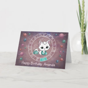 Zodiac Cancer Cute Cat Wheel Planet Astrology Card
