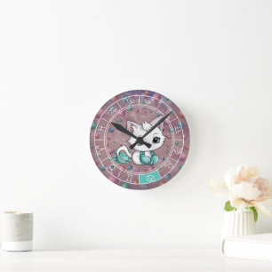 Zodiac Cancer Cute Cat Wheel Planet Astrology Round Clock