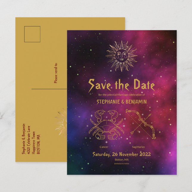 Zodiac Cancer Sagittarius Burgundy Save the Date Announcement Postcard (Front/Back)