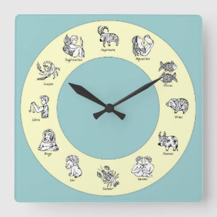 Zodiac Cartoon Symbol Drawing Square Wall Clock