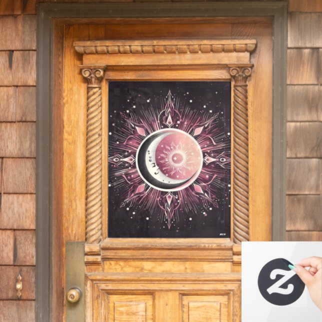 Zodiac Celestial Sun Moon Stars Pink Black Window Cling (Home Door)