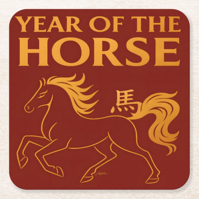 Zodiac Chinese New Year 2026 Horse Square Paper Coaster (Front)