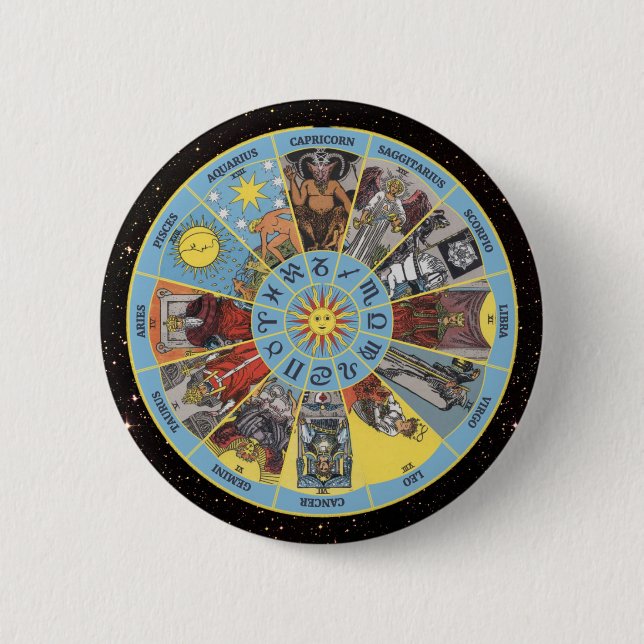 Zodiac Circle w Astrological Symbols & Tarot Cards 6 Cm Round Badge (Front)