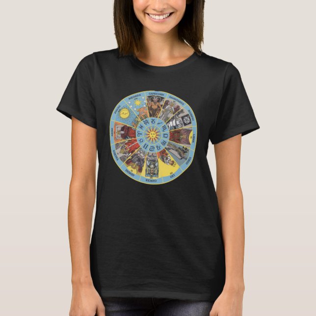 Zodiac Circle w Astrological Symbols & Tarot Cards T-Shirt (Front)
