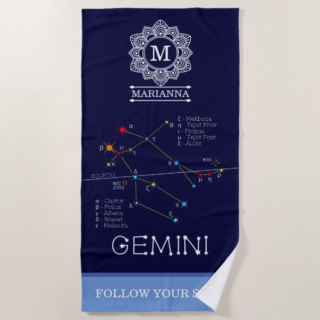 Zodiac Constellation Gemini Beach Towel (Front)