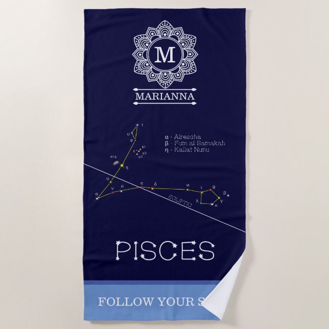 Zodiac Constellation Pisces Beach Towel (Front)