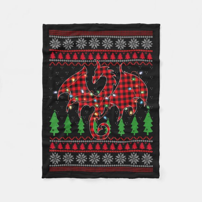 Zodiac Dragon Ugly Sweater Christmas Lights Dragon Fleece Blanket (Front)