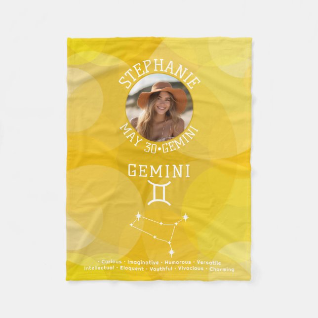 Zodiac Gemini Custom Birthday Photo Astrology Fleece Blanket (Front)