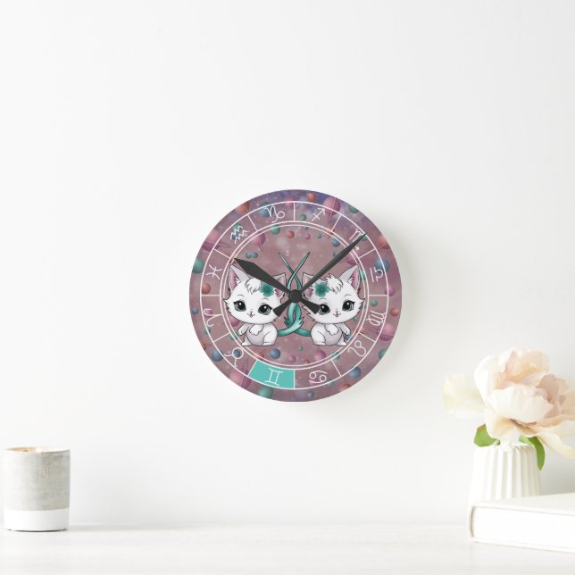 Zodiac Gemini Cute Cat Wheel Planet Astrology Round Clock (Home)