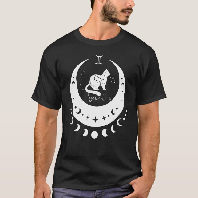 Zodiac Gemini Horoscope Astrology Sign Cat Crescen T-Shirt (Front)