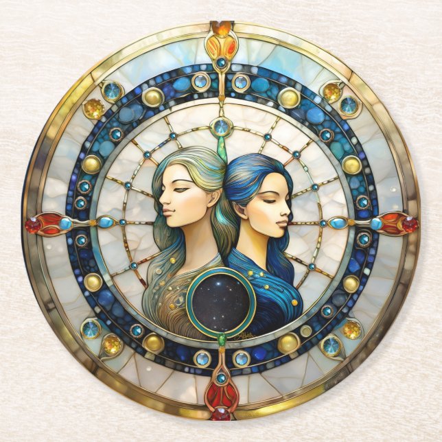 Zodiac - Gemini The Twins Round Paper Coaster (Front)