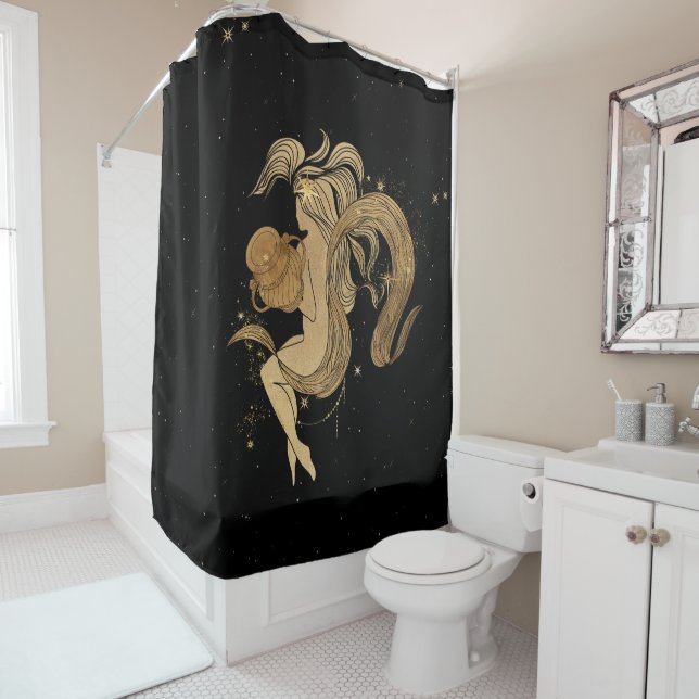 Zodiac Goddess | Cosmic Gold Aquarius Astrology Shower Curtain (In Situ)