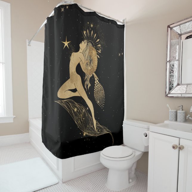 Zodiac Goddess | Cosmic Gold Aries Astrology Shower Curtain (In Situ)
