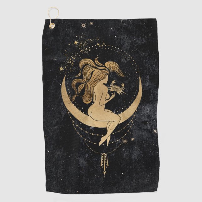 Zodiac Goddess | Cosmic Gold Cancer Astrology Golf Towel (Front)