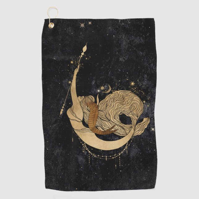 Zodiac Goddess | Cosmic Gold Capricorn Astrology Golf Towel (Front)