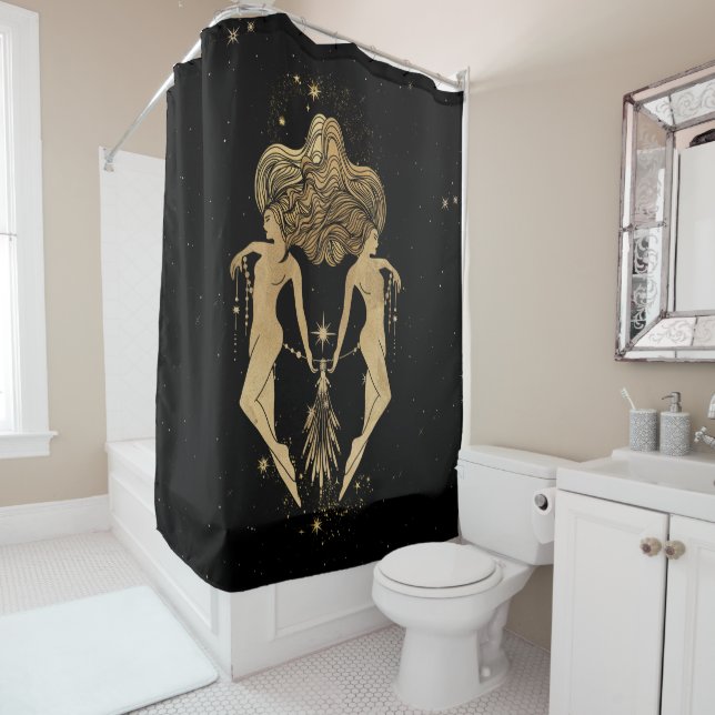 Zodiac Goddess | Cosmic Gold Gemini Astrology Shower Curtain (In Situ)